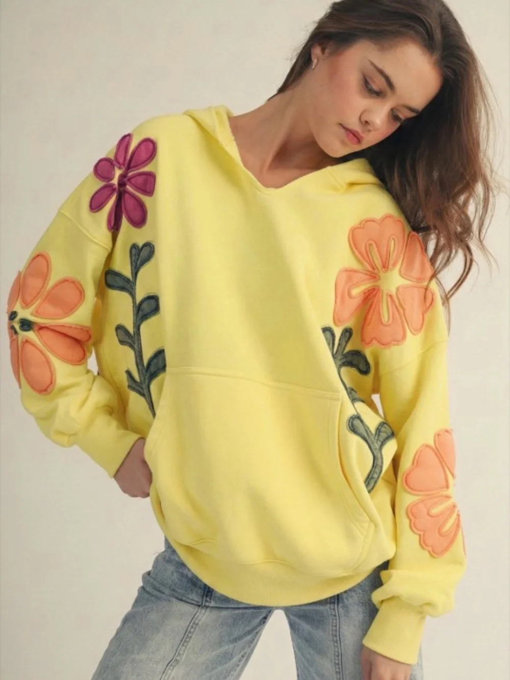 Free People It's a Vibe Large Yellow Floral Hoodie Sweatshirt - Women